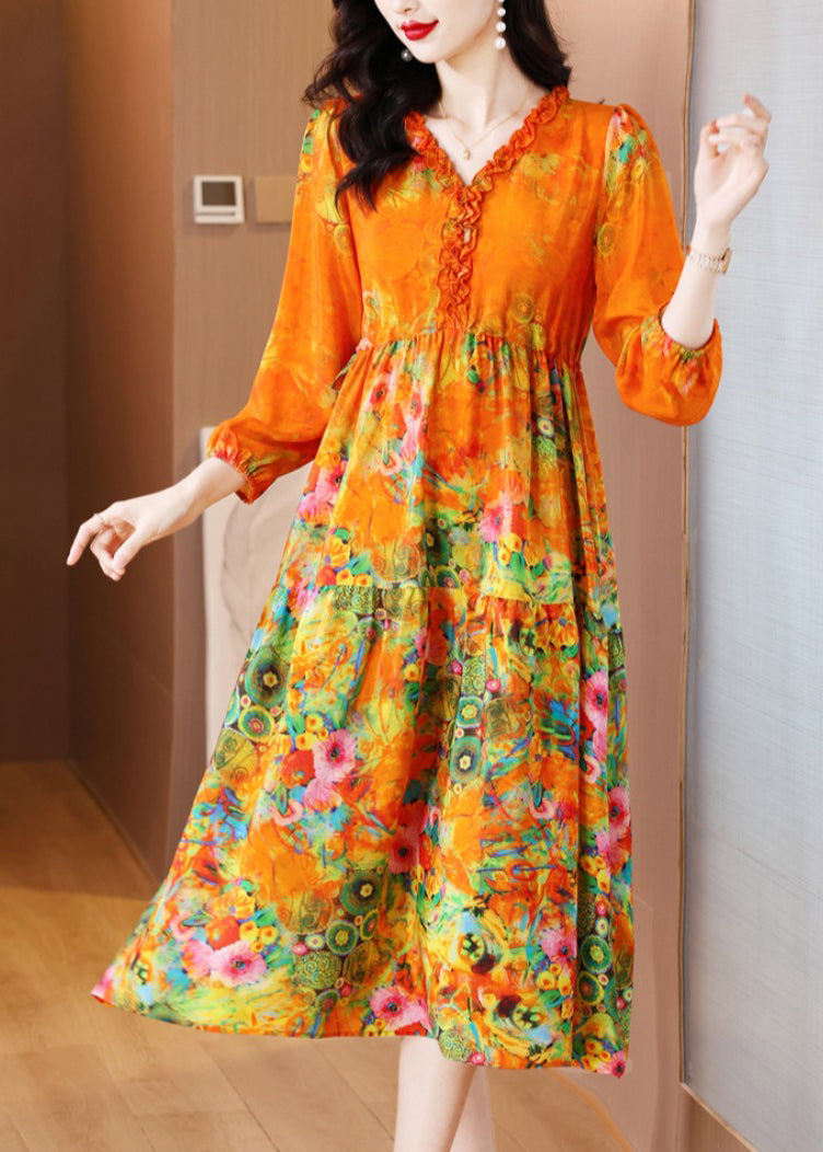 Elegant Orange Ruffled Print Patchwork Silk Long Dress Spring OP1040