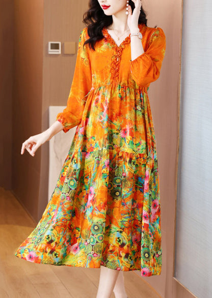 Robe longue en soie patchwork à imprimé volants orange élégante printemps OP1040