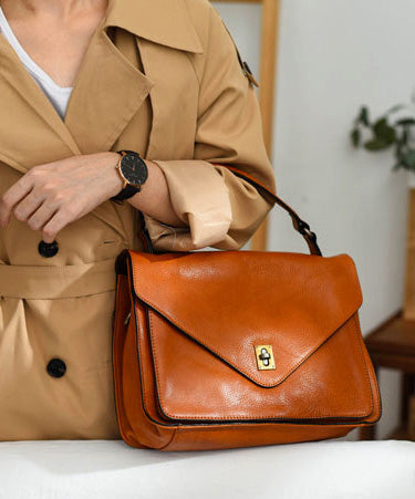 Tote Orange Solid Handbag Leather Elegant Durable