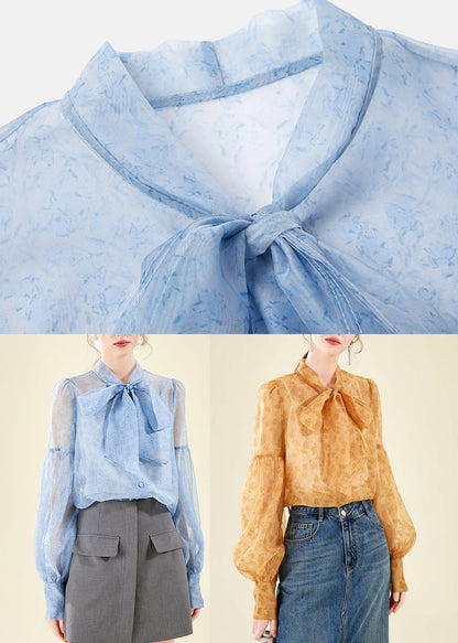 Elegant Orange Stand Collar Chiffon Top Lantern Sleeve UU1038