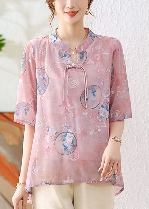 Elegant Pink Chinese Button Print Chiffon Shirt Summer AU1066