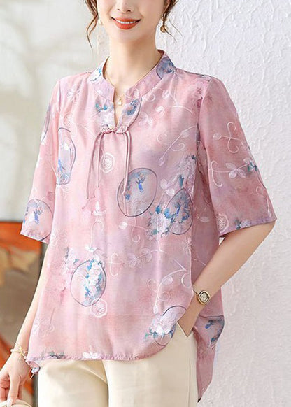 Chemise en mousseline de soie rose élégante à imprimé boutons chinois été AU1066