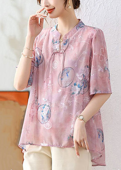 Chemise en mousseline de soie rose élégante à imprimé boutons chinois été AU1066