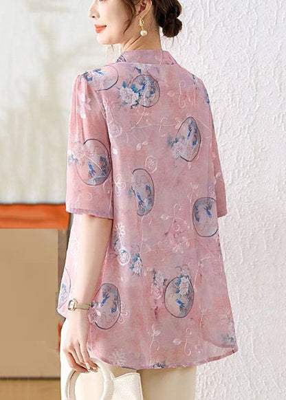 Chemise en mousseline de soie rose élégante à imprimé boutons chinois été AU1066