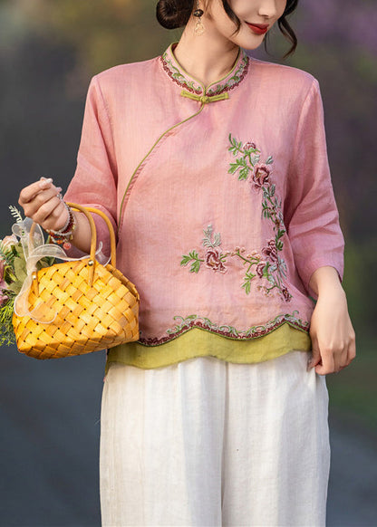 Besticktes Leinen Rosa Ärmel Elegantes Knopfhemd Armband