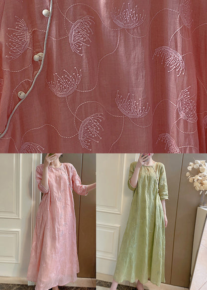 Two-Piece Elegant Embroidered Linen Set Sleeve Pink Half Button