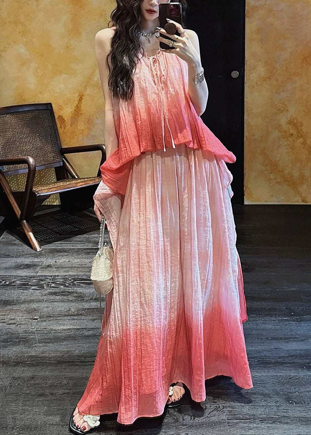 Dress Ruffled Gradient Elegant Linen Pink Silk Color Long