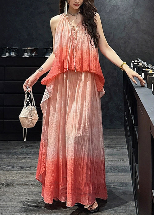 Dress Ruffled Gradient Elegant Linen Pink Silk Color Long