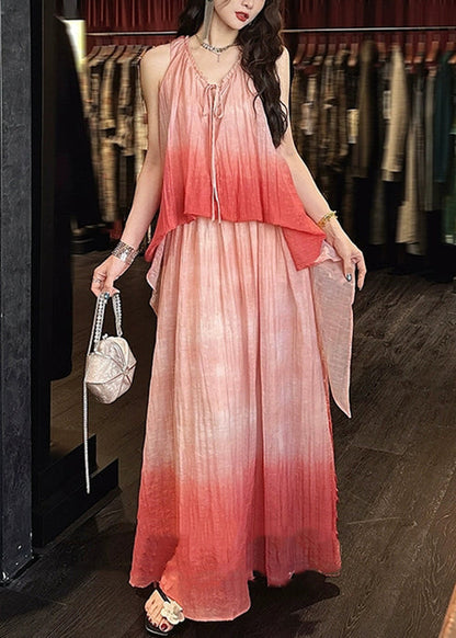 Dress Ruffled Gradient Elegant Linen Pink Silk Color Long