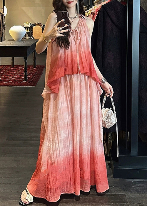 Dress Ruffled Gradient Elegant Linen Pink Silk Color Long