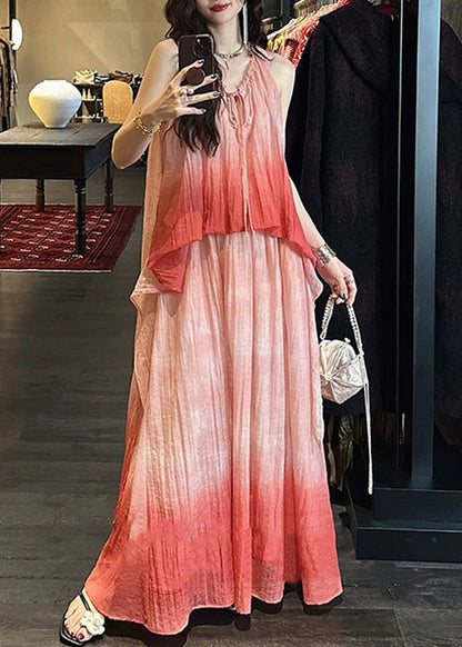 Dress Ruffled Gradient Elegant Linen Pink Silk Color Long