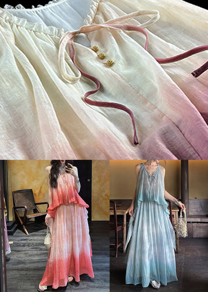 Dress Ruffled Gradient Elegant Linen Pink Silk Color Long