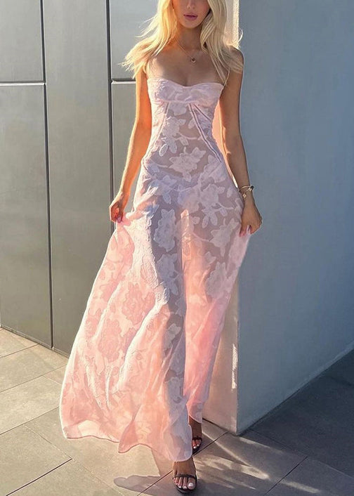 Elegantes, ärmelloses Spitzenkleid in Rosa mit Spaghettiträgern