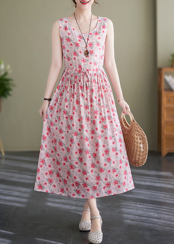 Elegant Pink Lace Up Wrinkled Print Cotton Long Dress Sleeveless JH036