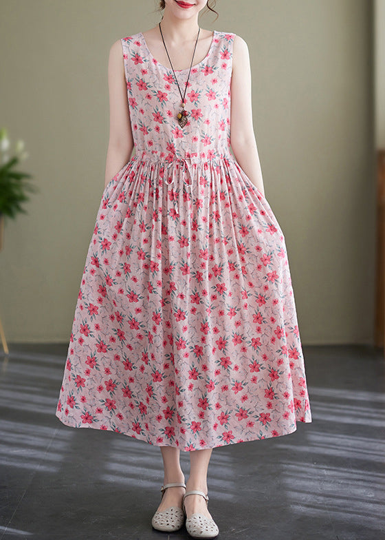 Elegant Pink Lace Up Wrinkled Print Cotton Long Dress Sleeveless JH036