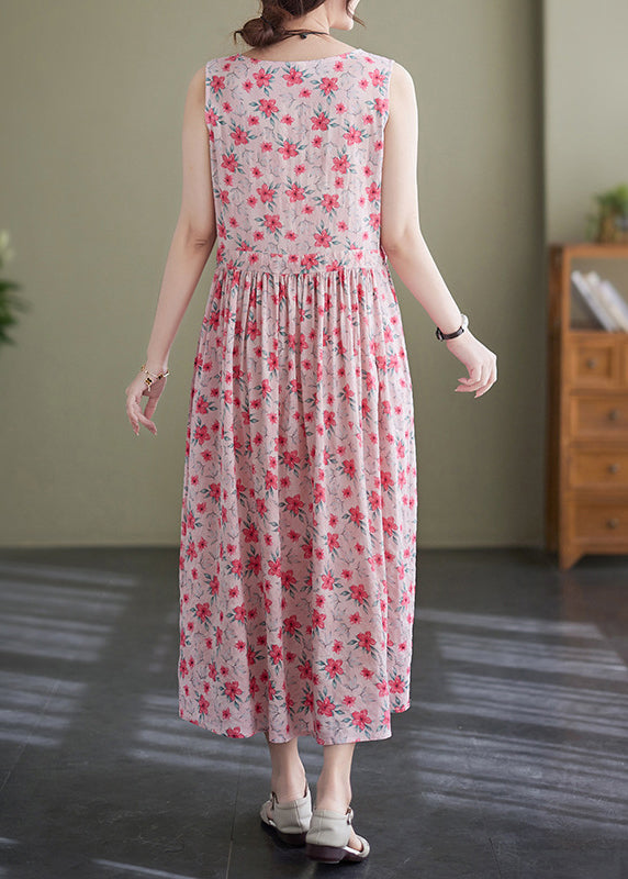 Elegant Pink Lace Up Wrinkled Print Cotton Long Dress Sleeveless JH036