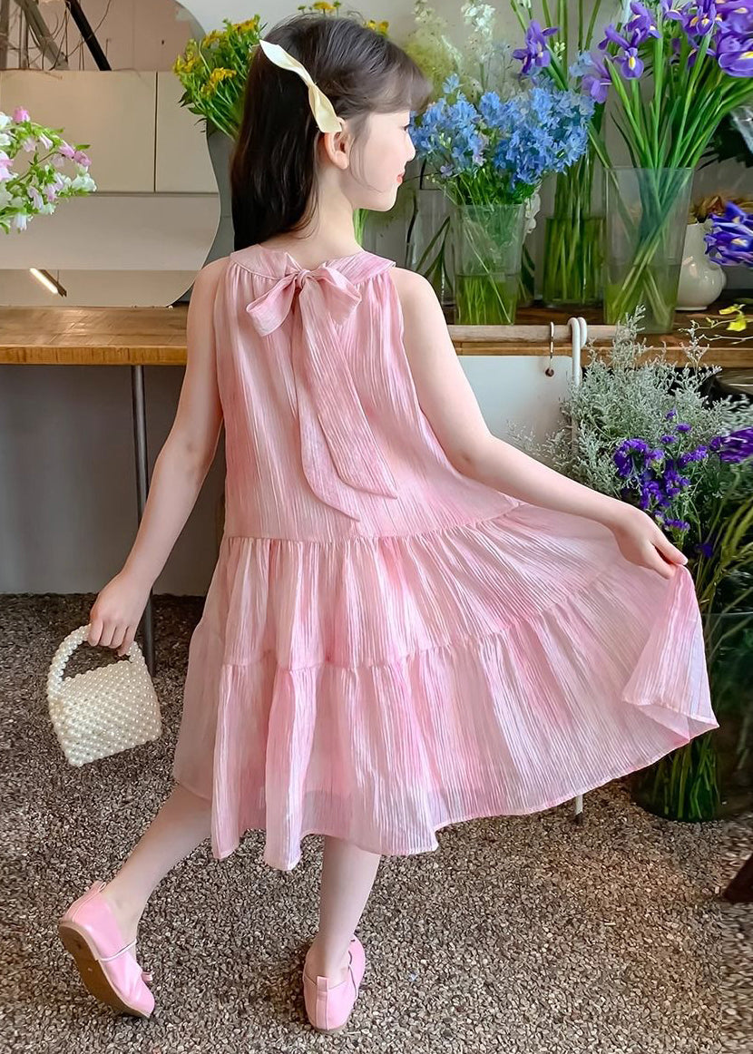 Elegantes rosa O-Ausschnitt-Schnür-Chiffon-Mädchenkleid ärmellos EW060