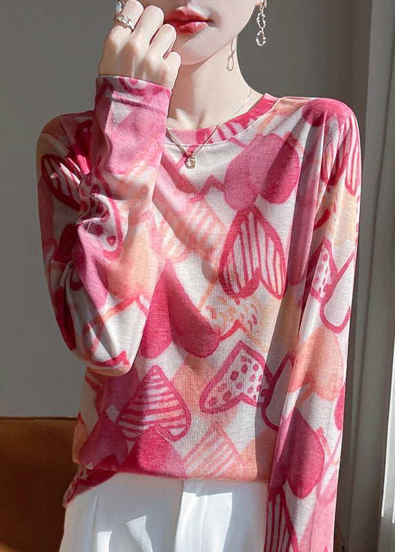 Print UPF Shirt Fall 50+ Pink Elegant Top O-Neck Cotton