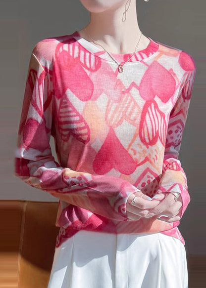Print UPF Shirt Fall 50+ Pink Elegant Top O-Neck Cotton