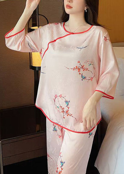 Eleganter rosa Pyjama aus Eisseide mit Rundhalsausschnitt und halben Ärmeln, zweiteilig, YK004