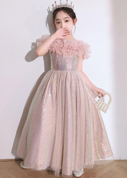 Robe longue en tulle rose élégante à manches courtes pour filles QV010