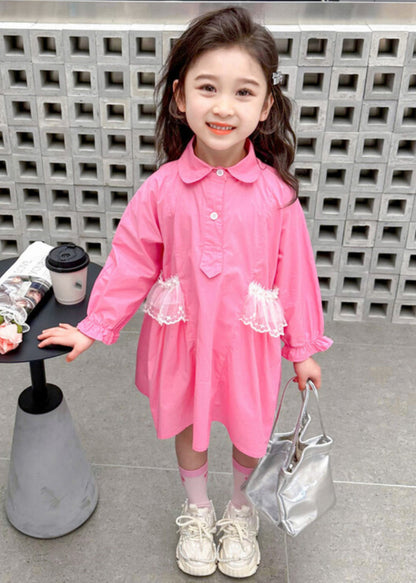 Robe chemise longue rose élégante à col Peter Pan et boutons en patchwork pour enfants Automne SS1049