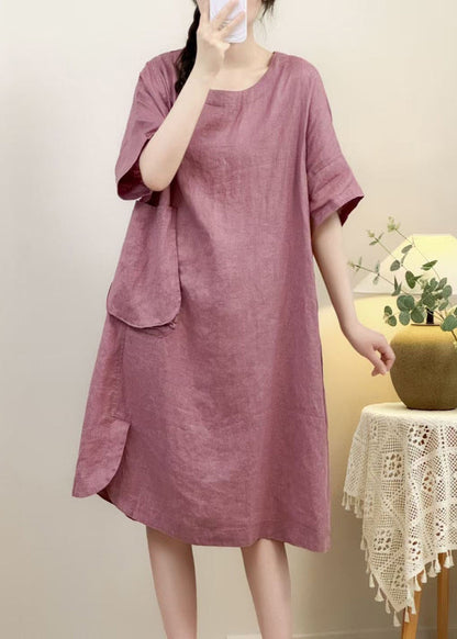 Ärmeltaschen Kleid Offene Seite Elegante Rosa Leinen Halb