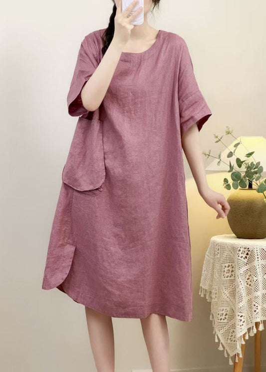 Ärmeltaschen Kleid Offene Seite Elegante Rosa Leinen Halb