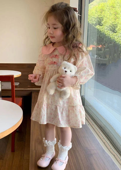 Robe élégante en coton patchwork à imprimé rose pour fille, manches longues, XZ014