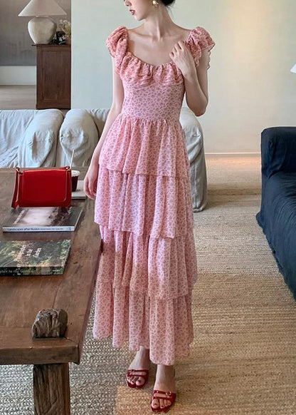 Robe longue en mousseline de soie rose élégante à volants pour l'été XX044