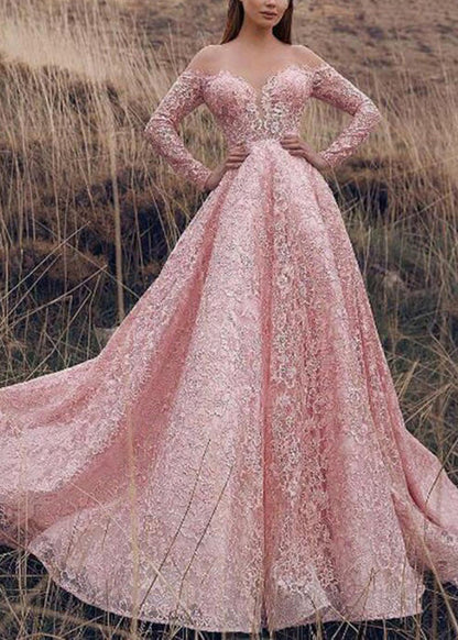 Robe élégante rose à col bateau et dentelle à la cheville Printemps WW1057