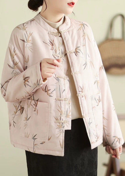 Manteau épais à imprimé boutonné et col montant rose élégant pour l'hiver QG023