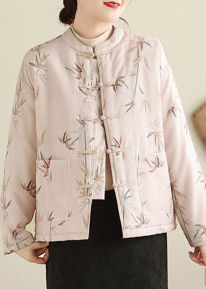 Manteau épais à imprimé boutonné et col montant rose élégant pour l'hiver QG023