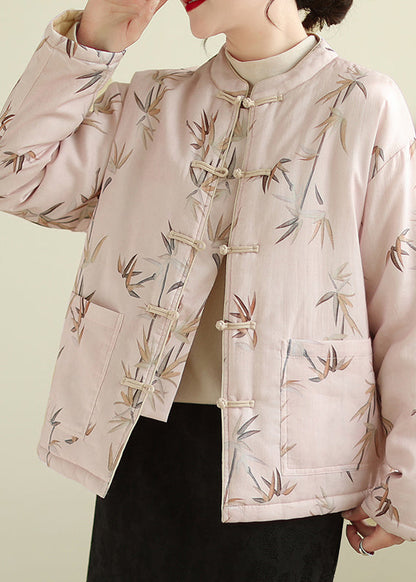 Manteau épais à imprimé boutonné et col montant rose élégant pour l'hiver QG023