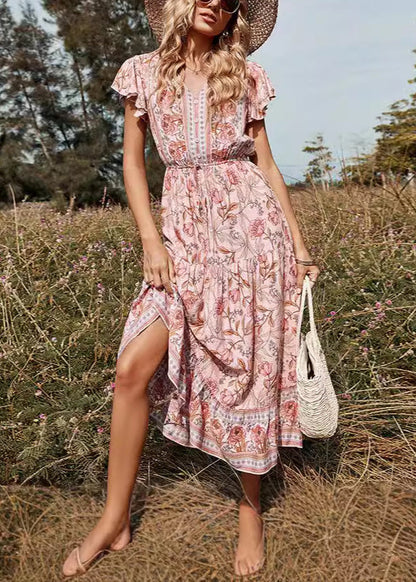 Robe longue taille haute à imprimé col en V rose élégante pour l'été AU1033