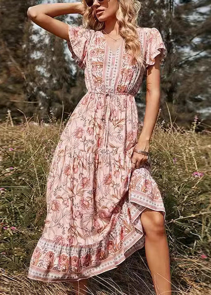 Robe longue taille haute à imprimé col en V rose élégante pour l'été AU1033