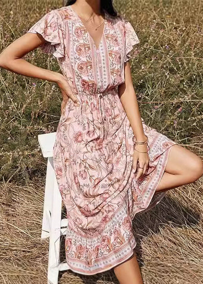 Robe longue taille haute à imprimé col en V rose élégante pour l'été AU1033