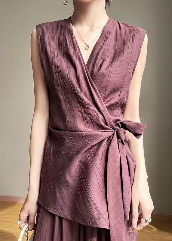 Asymmetrical Cotton Shirt Elegant Purple Lace Up Summer