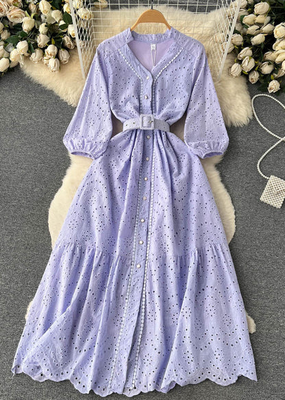 Robe chemise en coton ajourée à boutons violets élégante à manches longues TR046