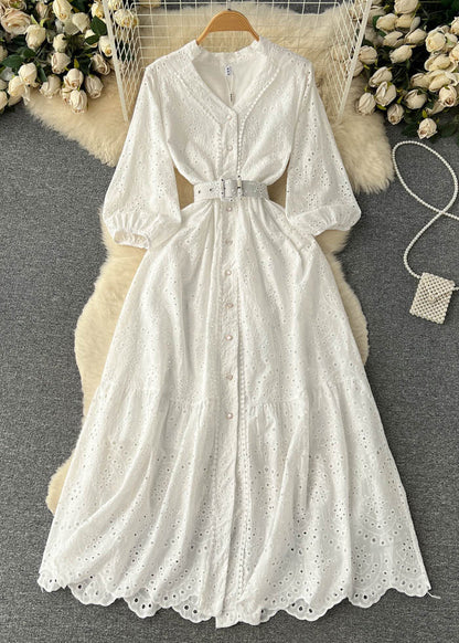 Robe chemise en coton ajourée à boutons violets élégante à manches longues TR046