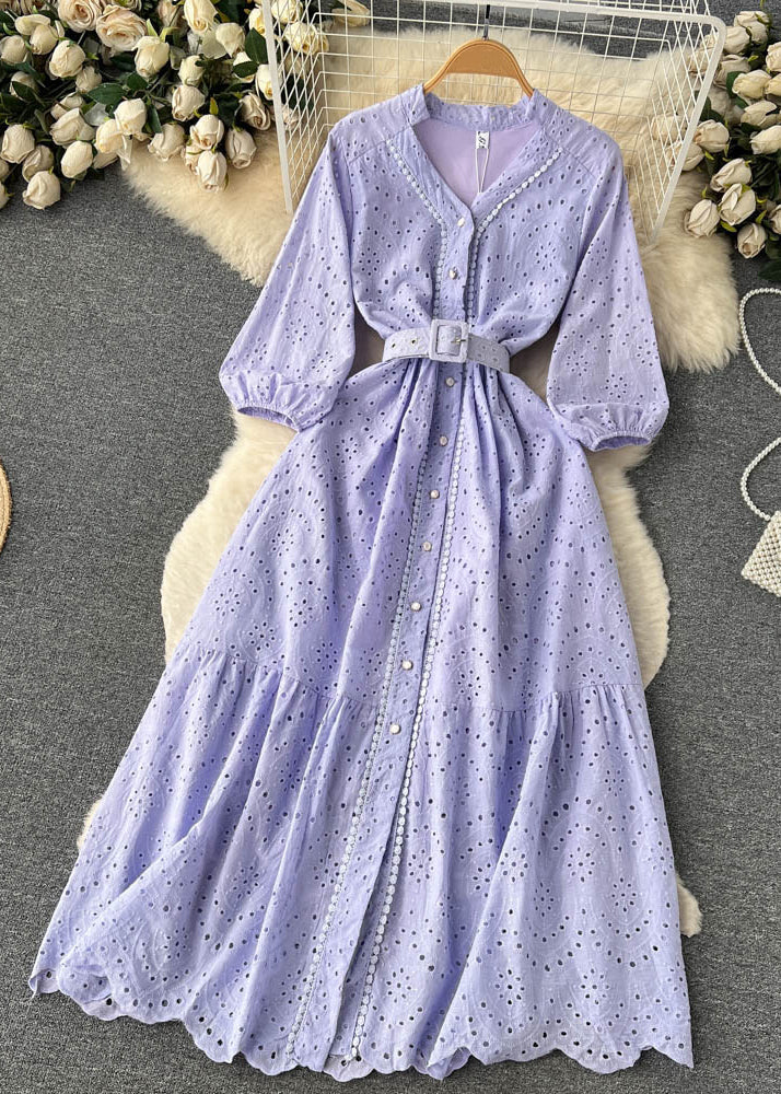 Elegant Purple Button Hollow Out Cotton Shirts Dress Long Sleeve TR046