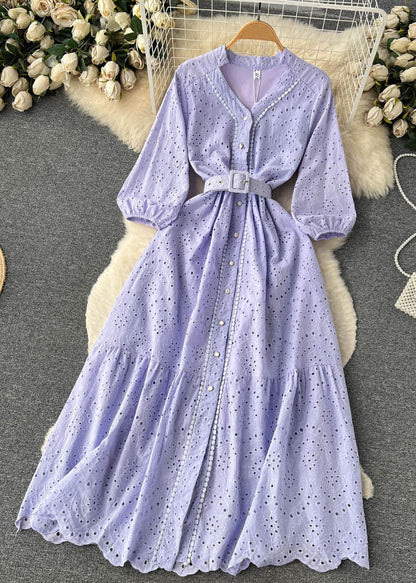 Robe chemise en coton ajourée à boutons violets élégante à manches longues TR046