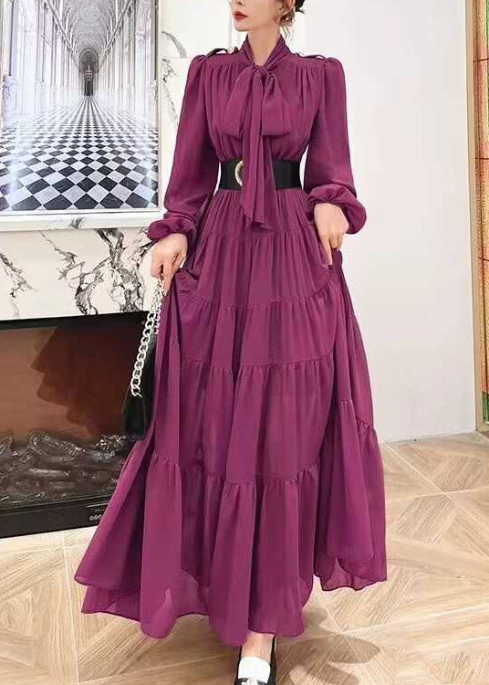 Elegantes lila Chiffonkleid mit Schnürung und Falten-Patchworkmuster, lange Ärmel, XX065