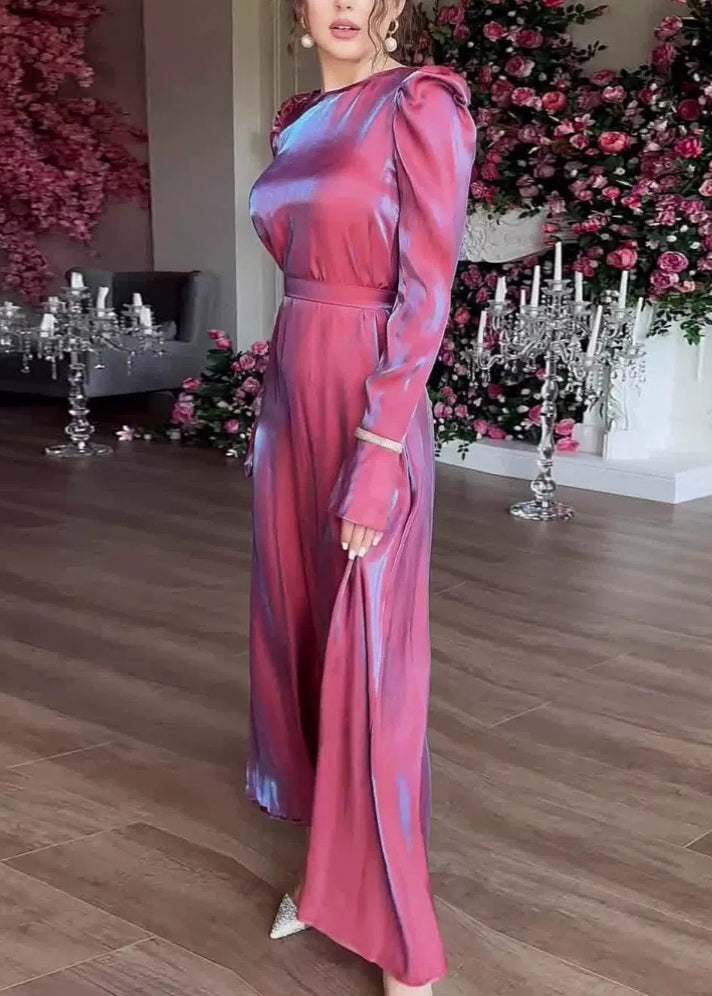 Elegant Purple O Neck Silk Maxi Dress Fall WO050