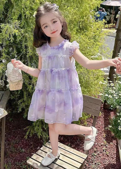 Robe élégante en mousseline de soie à volants violets pour filles, été TT045