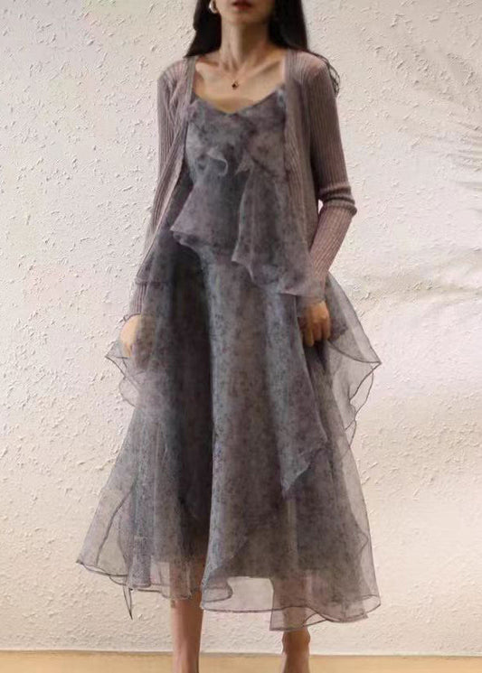 Elegant Purple Ruffled Print Chiffon Sets 2 Pieces Spring AA1053