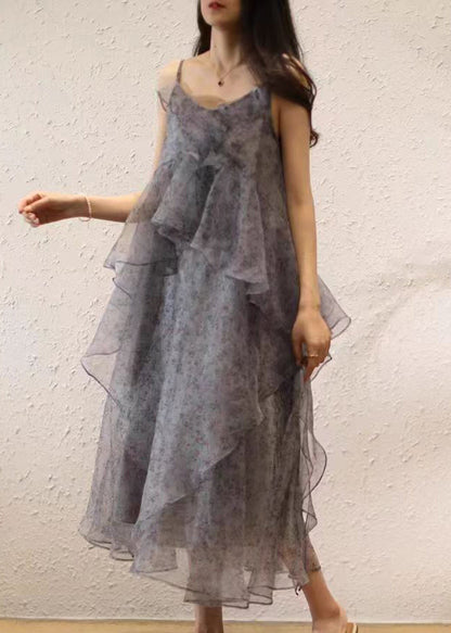 Elegant Purple Ruffled Print Chiffon Sets 2 Pieces Spring AA1053