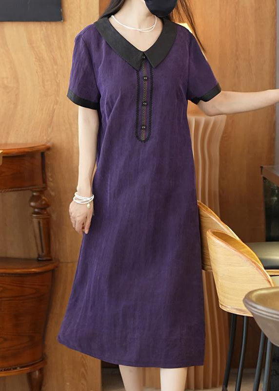 Elegant Purple Solid Patchwork Silk Long Dress Summer OP1077