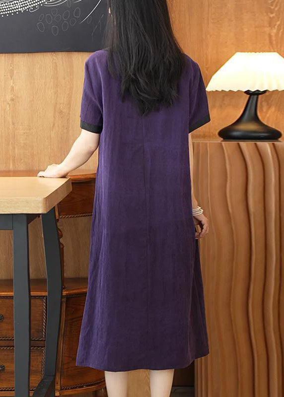 Elegant Purple Solid Patchwork Silk Long Dress Summer OP1077