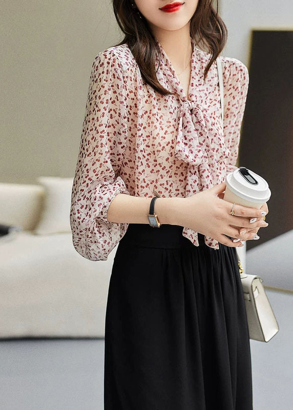 Elegant Red Bow Print Silk Tops Long Sleeve WW014